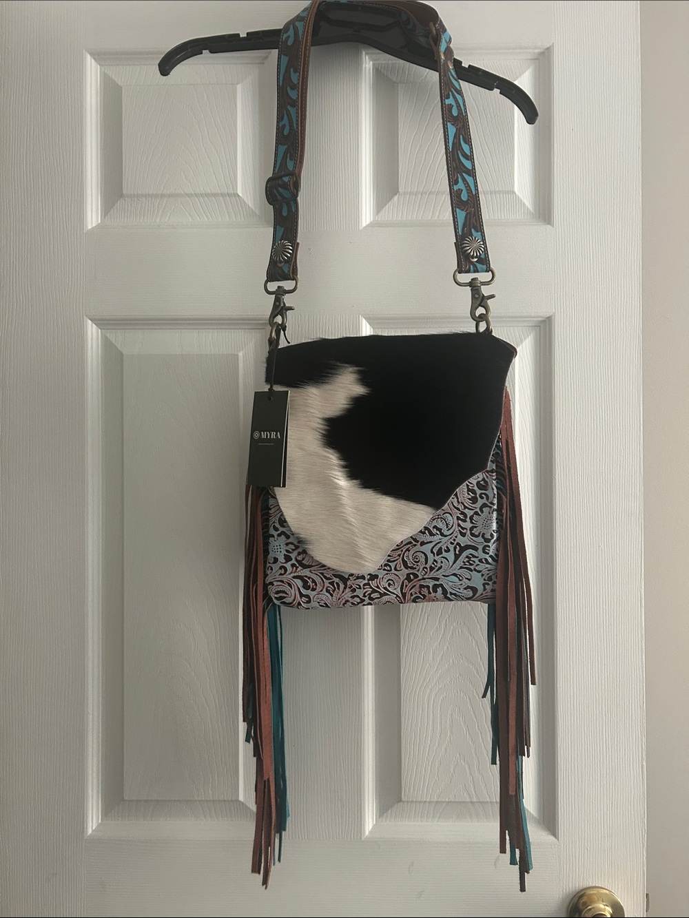 Myra Bag Black & White Cowhide Crossbody with Turquoise Strap Accents